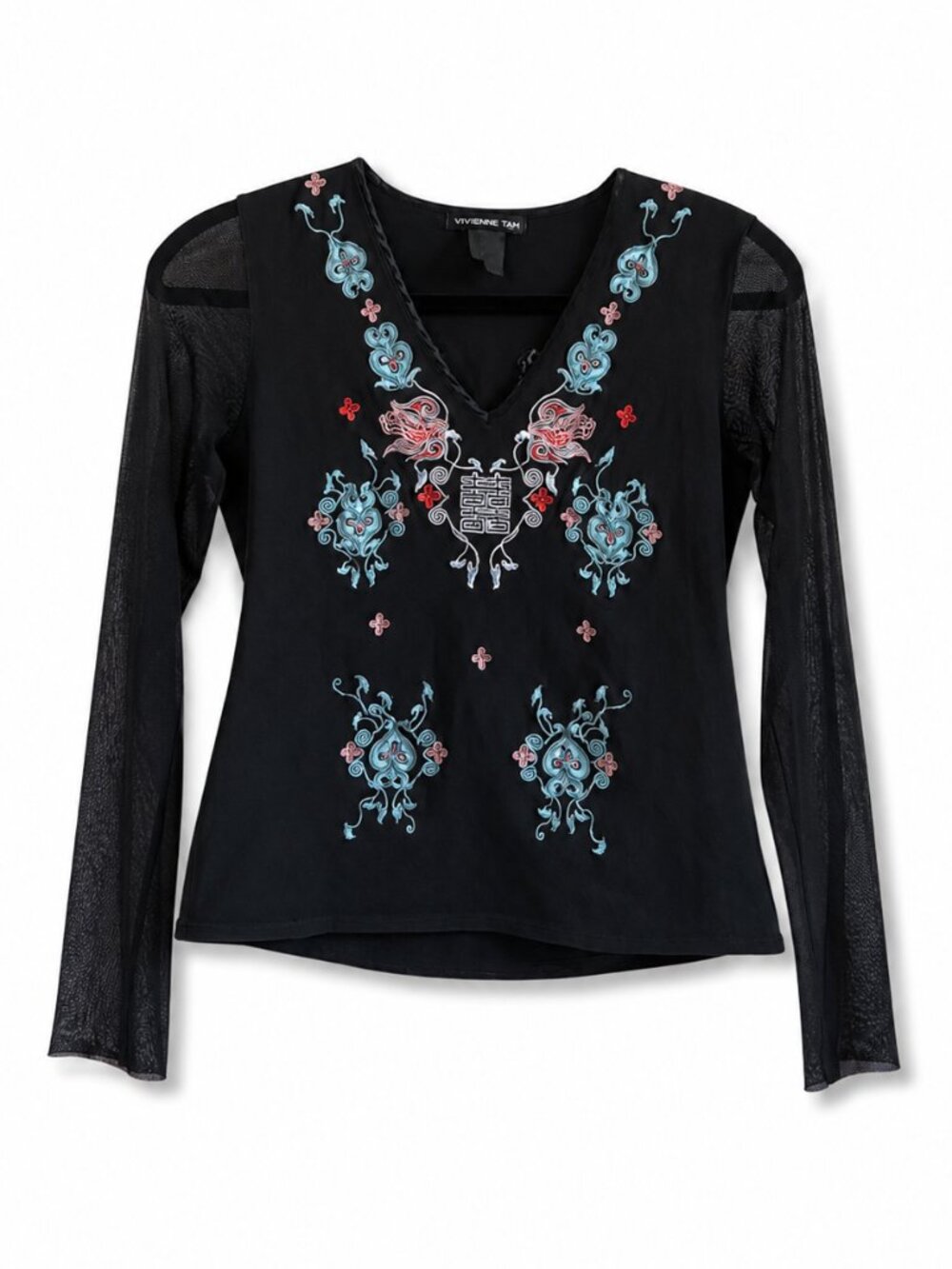 Vivienne Tam Y2K Vintage Mesh Long Sleeve Floral Embroidered Top